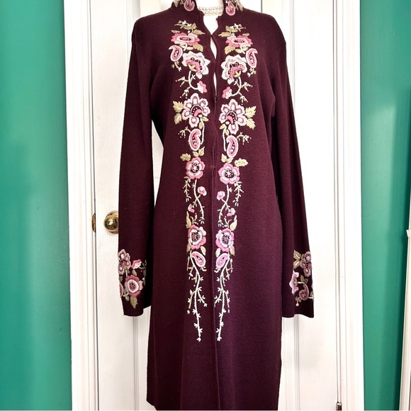 Long Maroon Wool Blend Cardigan with Embroidered Flowers at trim Small - Picture 11 of 11